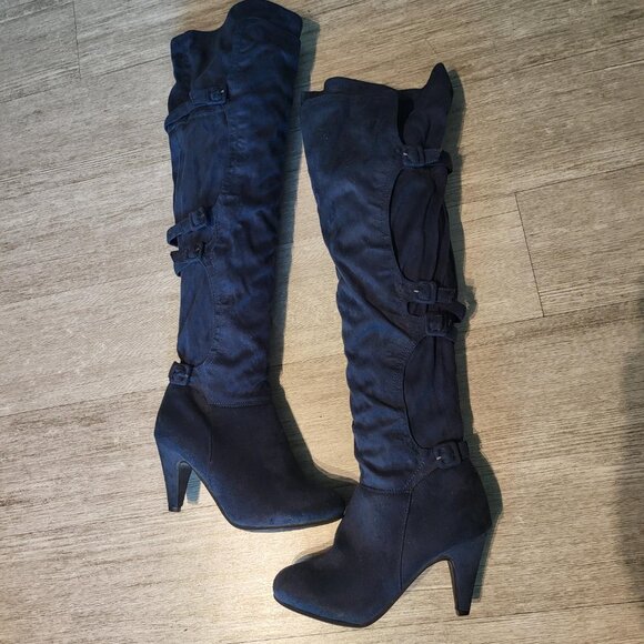 Black Suede Stiletto Knee-High Boots with Buckle - Picture 2 of 2